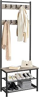 Yaheetech Industrial Coat Rack Stand with Shoe Rack, Free Standing Hall Tree with Shoes Storage Bench, 9 Movable Hooks & 3-tier Open Shelves, Metal Frame,73x33x185cm, Grey