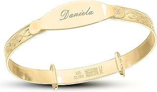 Personalised Sterling Silver 925 Stamped Baby Bangle with 18ct Yellow Gold Plating, Unisex Bracelet for Boy or Girl with White Zirconia