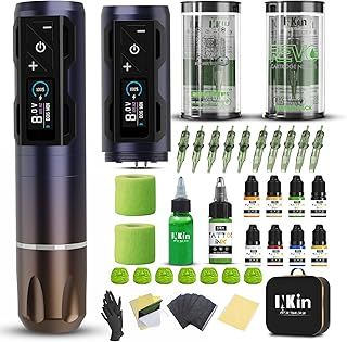 INKin Tattoo Gun Kit Complete for Beginners, CL4 Wireless Tattoo Machine Kit 4.0 Stroke with Brushless Motor, Tattoo Kit with 2Pcs Batteries 1800mah Power and Mixed Revo Needles and 9Pcs Ink