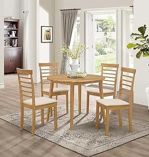 Hallowood Furniture Ledbury Small Dining Table and Chairs Set 4, Round Drop Leaf Table & Padded Seat Chairs, Wooden Folding Table and Chairs in Light Oak, Dining Room Set