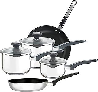 Prestige Stainless Steel Non Stick Pots and Pans Set of 5 - Suitable as Induction Hob Pan Set with Straining Lids & Pouring Lips, Dishwasher Safe, Oven Safe, Durable Cookware, Black/Silver