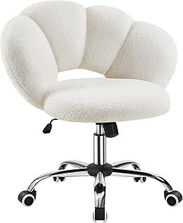 Yaheetech Boucle Upholstered Desk Makeup Vanity Chair with Wheels Swivel Cloud-shaped Accent Chair with Adjustable Height for Home Office Living Room, Bedroom Women White