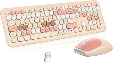 Wireless Keyboard Mouse Combo, PINKCAT QWERTY UK Full Size Ergonomic Keyboard and Mouse Set with Cute Round Keys Design & Stable Connection for Windows PC Laptop Computer (Milk Tea Pink)