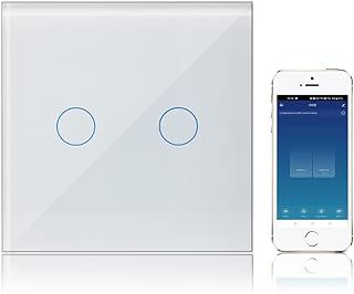 Smart Light Switch WiFi 2 Gang 1 Way Compatible with Alexa, Touch Light Switches White Glass Panel Tuya Smart Life App