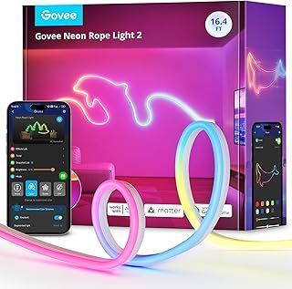 Govee Neon Rope Light 2, 5m RGBIC Neon LED Strip Lights with Shape Mapping, Work with Matter, Alexa and Google Assistant, LED Rope for Wall Decor