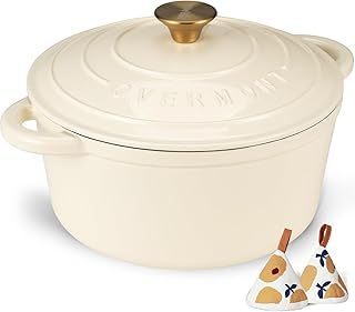 Overmont 26cm/5.2L Enamelled Cast Iron Round Casserole Pot With Lid Cookbook & Cotton Potholders - Non-stick Dutch Oven Cookware for Braising, Stews, Roasting, Bread Baking - Cream white, 5.5QT