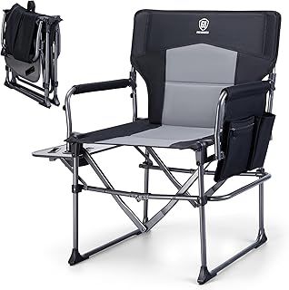 EVER ADVANCED Directors Adults Chair, Oversized Camping Heavy Duty Folding Chair with Side Table - Supports Up to 180KG Black