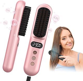 Cordless Hair Straightener Brush, Portable Mini Straightening Brush for Travel, Negative Ion Hot Comb Hair Straightener for Women, Ions Hot Brush, 10000mAH USB Rechargeable, Anti-Scald, Pink
