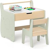 COSTWAY Kids Table and Chair Set, Wooden Children Table with Reversible Blackboard Tabletop, Paper Roll Holder, Toddler Activity Furniture for Learning, Drawing, Playing (Green)