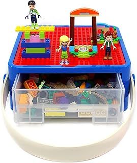 Bins & Things Lego-Compatible Storage Container with Compatible Building Baseplate Lid Toy Carrying Case with Handle - Lego Organizer, Brick Toy Storage