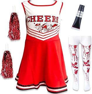 Zombie Cheerleader Halloween Costume for Kids Ages 10-12, Zombie Fancy Dress Outfit for Girls with Pom Poms Tights Red High School Cheerleader Costume and Fake Blood Easy Halloween Kids Dress Up Pack