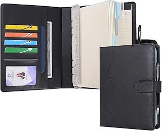 A5 Diary Leather PU Lined Notebook Refillable Paper Journal, Removable Ring Binder Portfolio with Clipboard Writing Notepad and Pen for Travel Business School Agenda Organizer (Black)
