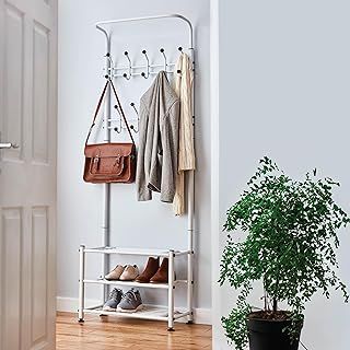 House of Home Coat Stand | Free Standing Hall Shoe Storage Stand | Durable White Clothes stand, Space-Saving Design with 18 Hooks and Shoe Bench for Hallway