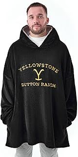 Yellowstone Dutton Ranch Mens Wearable Blanket Hoodie | Adults Hooded Pullover Fleece in Black with Yellowstone Embroidered Logo | Sherpa Lined Loungewear with Pockets | American TV Series Merchandise