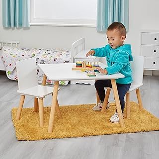 Liberty House Toys Kids White and Pinewood Table and 2 Chairs Set, Kids Wooden Table and Chairs, Children’s Playroom, Kids Furniture, Natural, Children's Table and Chairs, H440 x W600 x D600mm, TF6163