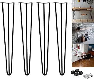 28 inch Metal Table Legs 71cm Black Steel Hairpin Table Leg Sturdy 3 Rod Mid Century Modern Furniture Industrial Style 10mm for Desk Dining Table DIY Furniture with Protector Feet & Screws (Set of 4)