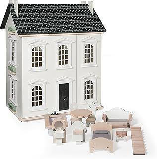 Hooga Wooden Dollhouse with Furniture Set Included, Multi-Level 3-Storey Pretend Doll's house Playset Toys for 20cm Dolls, Miniature Dolls House Gift for Girls & Kids - 55x26x65cm (White/Grey)