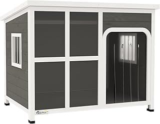 PawHut Dog Kennel Outdoor, Wooden Dog House with Asphalt Openable Top, Removable Floor, Clear Front Panel, Curtain, Windows, Dog Shelter for Small Medium Large Dogs, 103 x 77 x 83cm, Light Grey