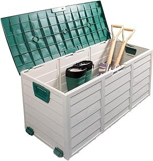 Outdoor Garden Furniture Storage Box - Plastic Seat Utility Chest Cushion Shed Box For Garden Tools, Toys, Equipment | Safe and Secure - All Weather Resistant | Indoor - Green Lid, Handles and Wheels
