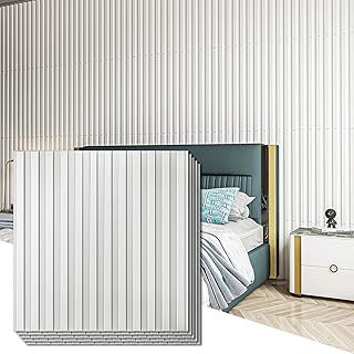 Art3d Pack of 12 Slatted Wall Panel, 3D Fluted Textured Panel, 3D Panels Wood Wall Panels, 50 x 50 cm, White