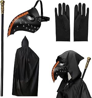 Halloween Props Costume Set, Plague Doctors Mask PU Leather Long Nose Beak Mask with Black Hooded Cape, Short Gloves, King Cane for Halloween Party Cosplay Costume