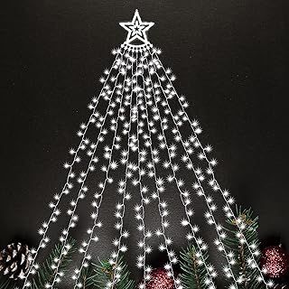 SALCAR Outdoor Christmas Lights, 3.5m x 9 Strands Star Fairy Lights with a 30cm Topper Star, 350 LED 8 Lighting Modes Christmas Decorations for Indoor Outdoor Garden Yard Tree Decor - Cool White