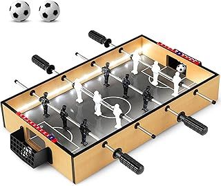 GYMAX Table Top Football Game, 20’’ Wooden Foosball Table with LED Lights, 12 Football Players, 2 Footballs, 2 Scoreboards & Ergonomic Handles, Mini Table Top Soccer Games for Kids Adults, 59x51x9cm