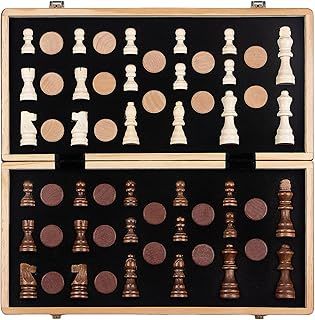 Tumu 2 in 1 Chess Set for Adults Kids - 16 Inch Magnetic Wooden Chess Board with Checkers, 2 Extra Queens, Folding Travel Chess Set with Storage Slots, Gift Toys for Boys Girls