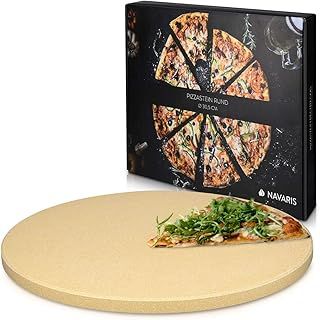 Navaris XL Pizza Stone for Baking - Cordierite Pizza Stone Plate for BBQ Grill Oven - Cook Serve Pizza, Bread - Incl. Recipe Book - Round, 30.5x1.5cm
