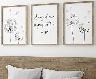 Eviepops Prints Dandelion Quote Wall Art Set of 3 Unframed Prints, Plant Decor, Living Room Bedroom Poster Home Decor, Every Dream Begins with a Wish (A4)