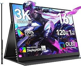 Newsoul 16 Inch 3K OLED Portable Monitor 120Hz, 100% DCI-P3, 500 nits, 1ms Response, Second screen with Mini HDMI & Type-C Port for for Laptop PC Phone