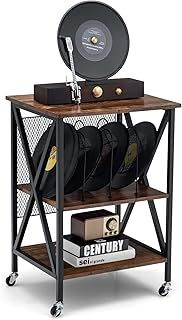 Record Player Stand, 3 Tiers Industrial Rolling End Table with Lockable Wheels, Metal Guard and Storage Shelf, Wooden Nightstand Sofa Side Table (without Charging Station, Brown)