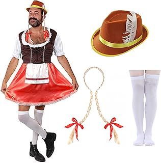 mens Bavarian Dress Costume - Brown and Red Dress, Blonde Plait Wig, Brown Bavarian Hat, White Stockings - Adults Bavarian Oktoberfest Stag Do Fancy Dress Costume