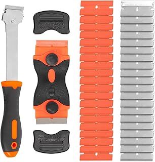 Window Scraper Tool, 2 Pcs Glass Scraper for Windows, Oven Scraper Tool Non Scratch, Cleaning Tools Ceramic Hob Scraper with 20 Metal+20 Plastic Blades for Removing Window Decals Wallpaper Labels