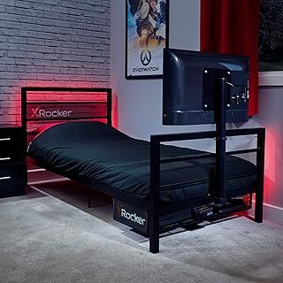 X-Rocker Basecamp TV Gaming Bed with Rotating Mount, Storage and Cable Management, Single 3ft Low Sleeper Bedstead, Metal Frame, Ideal for Kids Bedroom, Up to 32" TV Supported - Black