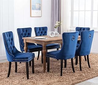 Luxury Velvet Dining Chairs Set of 6 Upholstered Knocker Wing Back Kitchen Dining Room Bedroom Chair with Oak Legs, Hand Made (Diamond Blue)
