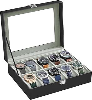 SONGMICS Watch Box with 10 Slots, Watch Case with Glass Lid, Watch Display Box with Removable Watch Pillows, Metal Clasp, Gift Idea, Black Synthetic Leather, Greenish Grey Lining JWB010BK