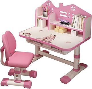 Kids Desk and Chair Set, Height Adjustable Children Study Desk Chair with Drawer Bookstand, Ergonomic Student Learning Table Chair for Girl Boy Pink