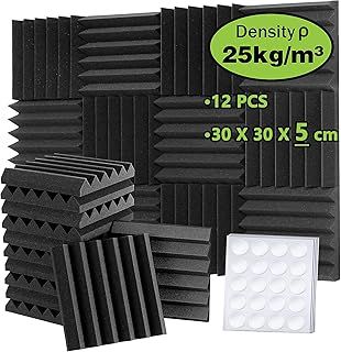 12 Pack Set Acoustic Foam Panels, 2" x 12" x 12" Sound Proofing Panel, Foneso Acoustic Wall Panels, Black Sound Absorbing Panel for Studio/Podcast Recording/Playrooms/Offices (Wedge Tiles)