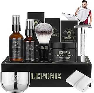 Shaving Kit for Men, Includes Sandalwood Shaving Cream, Mens After Shave Balm, Pre-Shave Oil,Shaving Brush and Bowl, Beard Bib, Aftershave Gift Set for Men Boyfriend Stocking Fillers