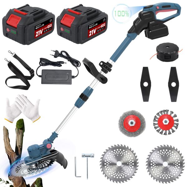 Cordless Strimmer for Makita Battery, 750W Garden Strimmer Cordless with 2 x 4.0Ah 21V Batteries and Charger, 5-in-1 Brushless Electric Grass Trimmer with Weed Brush and Blades(blue)