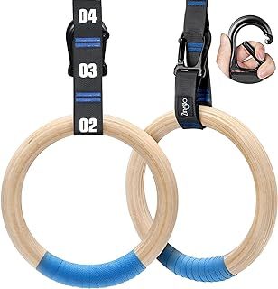Zingtto Wooden Gymnastic Rings with Adjustable Numbered Straps, 1.25'' or 1.1" Gym Rings