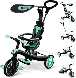 Globber Baby’s Explorer Trike, Premium 4 in 1 Trike System (10mnths-5yrs) with 5 Point Safety Harness, Removable Bar and Adjustable Padded Seat, Sun Canopy, EVA Comfort Wheels, Adaptable Parent Handle