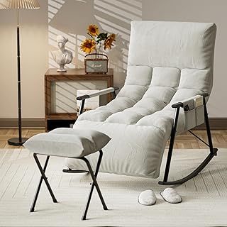 CyyKcc Relax Rocking Chair with Footstool, 5 Position Adjustable Headrest and Footrest, Dutch Velvet Upholstered Rocker Chair w/Side Pocket, Modern Lounge Chair For Living Room Bedroom Nursery (Grey)