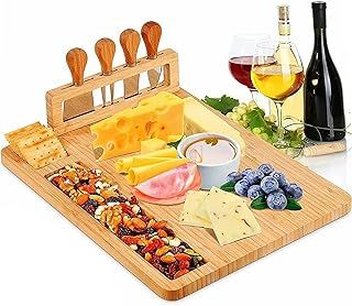 Bamboo Cheese Board and Knife Set Serving Tray with Stainless Steel Knife Set Extra Large Charcuterie Boards Set & Accessories Wooden Tray Cheese Board Gift Set Unique House Warming Christmas Gifts