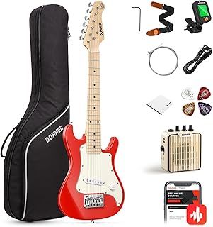 Donner 30 Inch Kids Junior Electric Guitar Beginner Kit ST Style Mini Guitar Premium Bundle with Amp, Tuner, Capo, Bag, Strap, String, Cable (DSJ-100, Red)