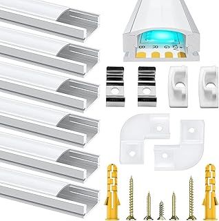 Chesbung 6 Pack U Shape Led Aluminum Profile for LED Strips, 1Meter/3.3ft Aluminum Channel with Milky White Cover, Led Track Diffusers with End Caps, Mounting Clips and 90 Degree Corner Connector