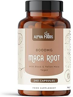 High Strength Maca Root Capsules 8000mg | 240 Vegan Capsules | Peruvian Black & Yellow Maca | for an Active and Balanced Lifestyle | 8-Month Supply | Alpha Foods