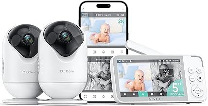 Smart WiFi Baby Monitor with Two Cameras, 5” 1080P HD Split-Screen Display, 2K App Control, Cry & Motion Alerts, Night Vision, 5000mAh Battery, Two-Way Talk, Multi-User Access, 390m/1279ft Range