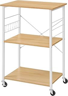 VASAGLE Kitchen Shelf on Wheels, Serving Trolley with 3 Shelves, Microwave Shelf, for Mini Oven, Toaster, with 6 Hooks, Industrial Style, Golden Oak and Cloud White KKS060Y09